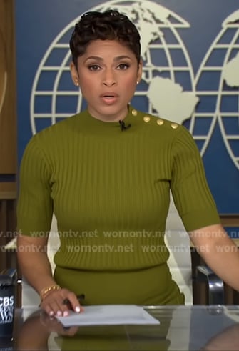 Jericka's green button-shoulder ribbed dress on CBS Evening News