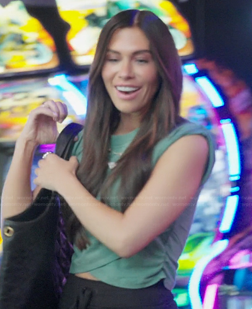 Jessi's green wrap hem crop top on The Secret Lives of Mormon Wives