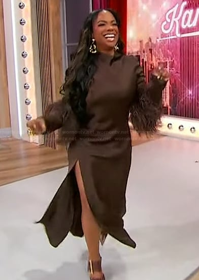 Kandi Burruss's brown satin feather trim dress on Sherri