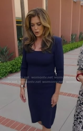 Kathy Ireland's navy square neck sheath dress on Good Morning America