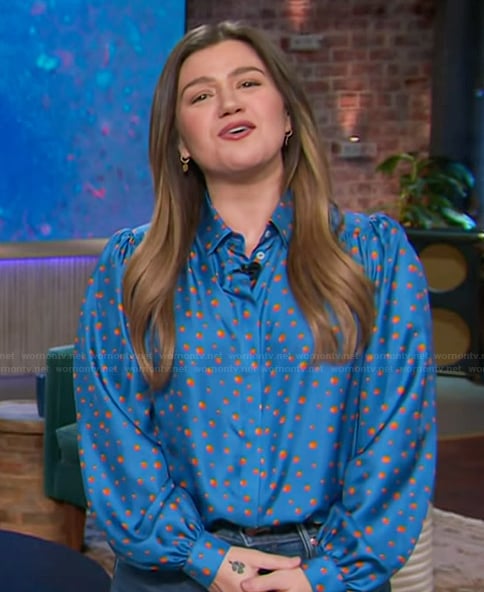 Kelly's blue satin printed blouse on The Kelly Clarkson Show