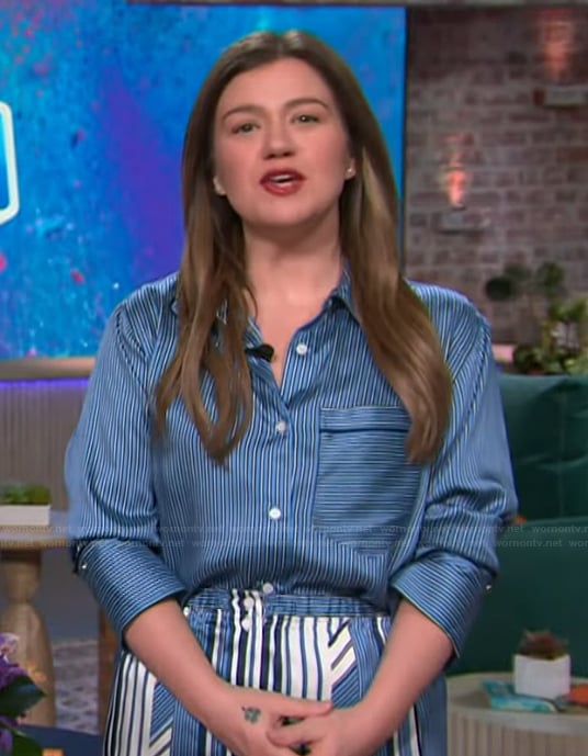 Kelly's blue striped shirt and skirt on The Kelly Clarkson Show