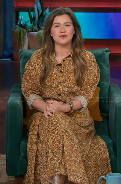 Kelly's gold printed shirtdress on The Kelly Clarkson Show