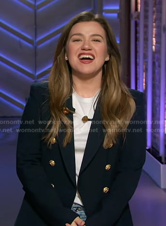 Kelly's navy blazer with gold buttons on The Kelly Clarkson Show