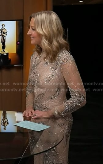 Lara's nude beige embellished mesh gown on Good Morning America
