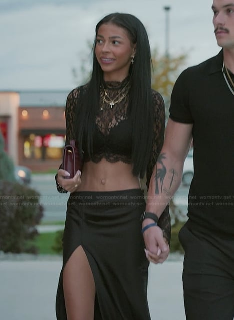 Layla's black satin slit skirt on The Secret Lives of Mormon Wives