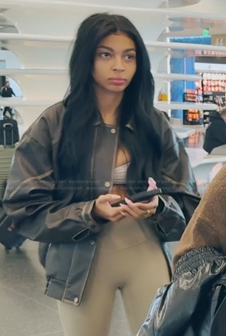 Layla's brown leather jacket on The Secret Lives of Mormon Wives