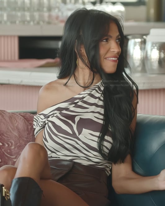 Layla's zebra print one shoulder top on The Secret Lives of Mormon Wives