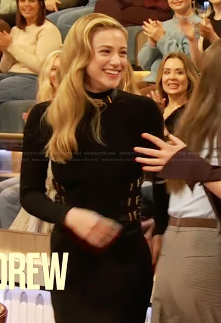 Lili Reinhart's black buckle detail dress on The Drew Barrymore Show