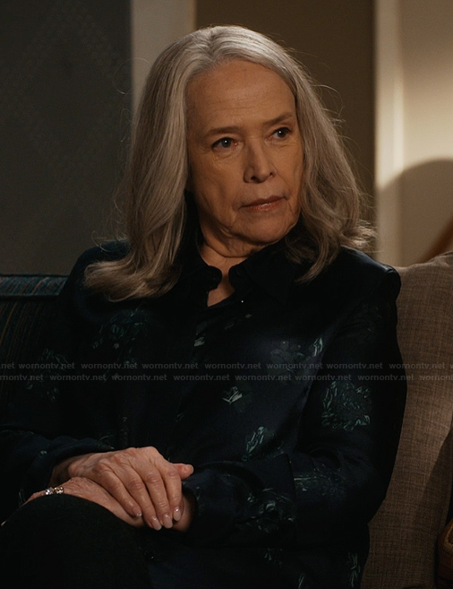 Madeline's navy floral top on Matlock