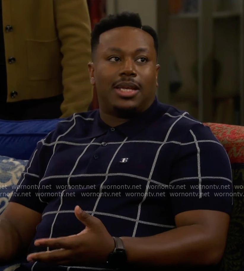 Marty's navy windowpane check polo shirt on The Neighborhood