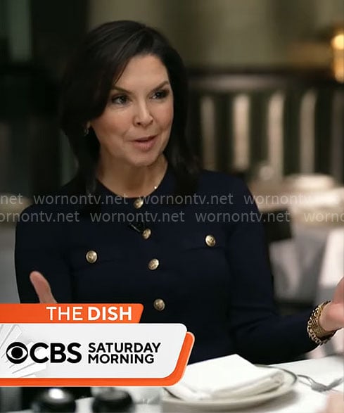 Meg Olivers' black cardigan with gold buttons on CBS Mornings