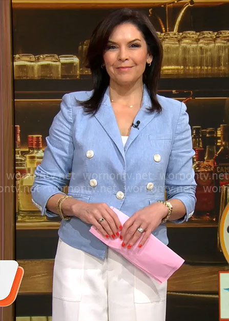 Meg Oliver's light blue blazer with white buttons on CBS Mornings