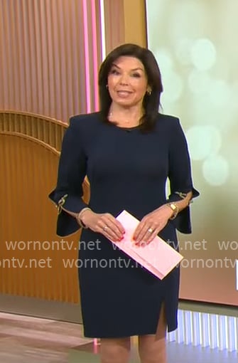 Meg Oliver's navy chain sleeve dress on CBS Mornings
