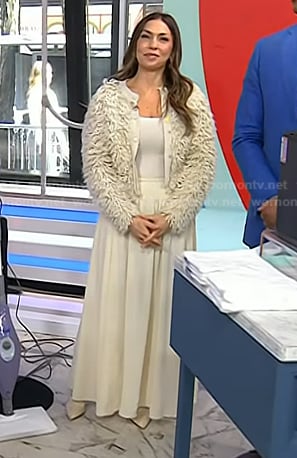 Melissa's ivory textured cardigan and maxi skirt on Today