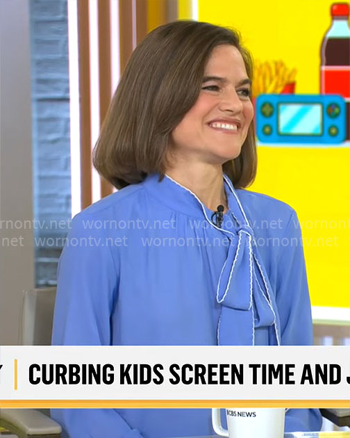 Michaeleen Doucleff's blue tie-neck blouse on CBS Mornings