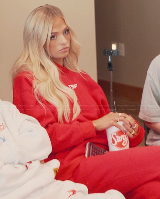 Miranda's red sweatshirt and pants on The Secret Lives of Mormon Wives