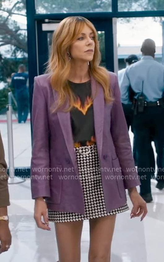 Morgan's flame heart t-shirt and purple leather jacket on High Potential