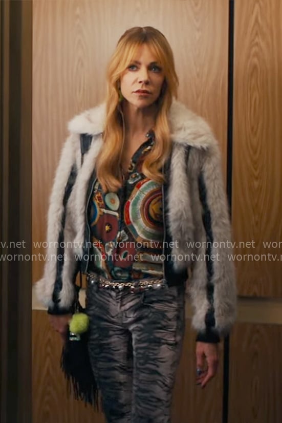 Morgan's printed shirt, zebra print jeans and fur jacket on High Potential