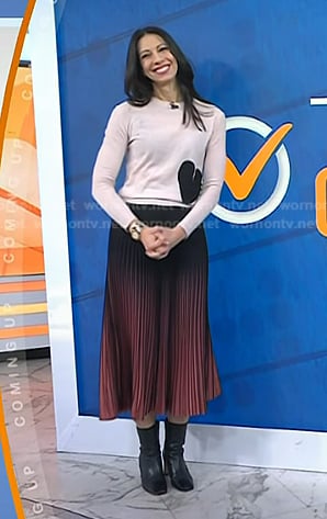 Natalie's pink heart sweater and pleated ombre skirt on Today