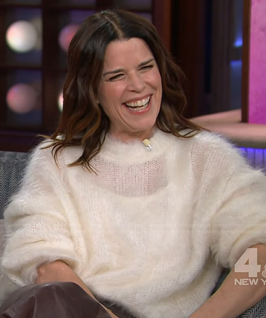 Neve Campbell's white fuzzy sweater on The Kelly Clarkson Show