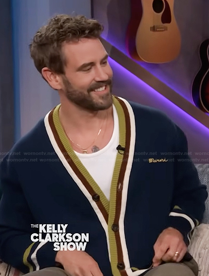 Nick Viall's blue contrast stripe cardigan on The Kelly Clarkson Show