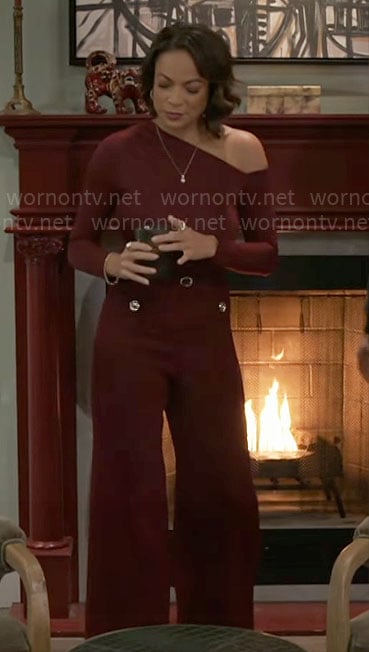 Nicole's burgundy asymmetric top and pants on Beyond the Gates