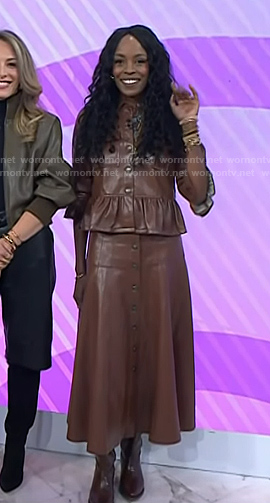 Nyakio Grieco's brown leather peplume jacket and skirt on Today