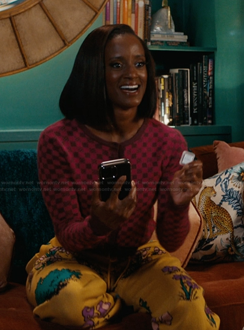 Olympia's pink cardigan and printed pants on Matlock