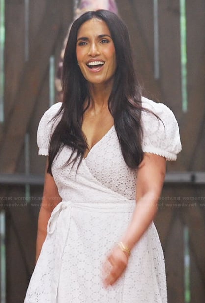 Padma's white eyelet wrap dress on Americas Culinary Cup