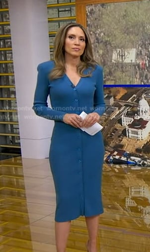 Rhiannon's blue ribbed button front knit dress on Good Morning America