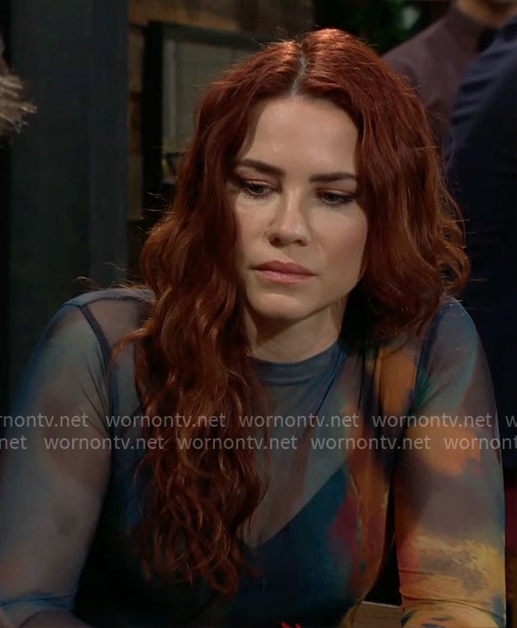 Sally's teal printed mesh top on The Young and the Restless