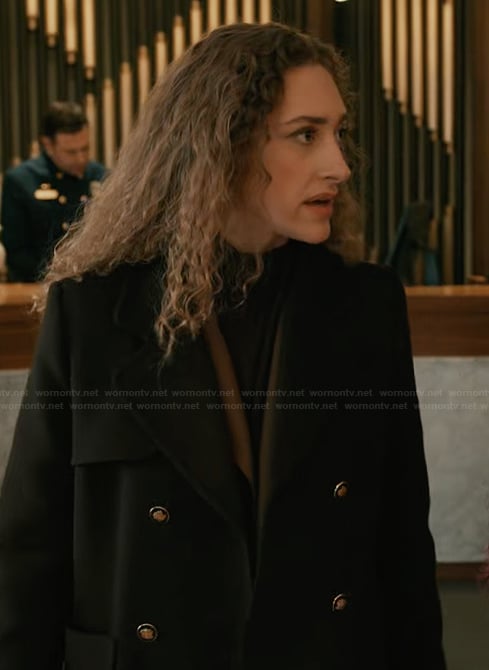 Samantha's navy double breasted coat on Elsbeth