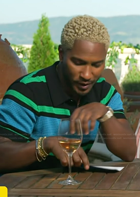 Scott's black striped polo on Access Hollywood
