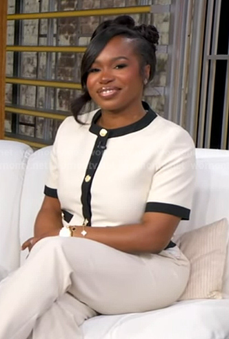 Shaina Rainford's ivroy contrast trim jacket and pants on Good Morning America