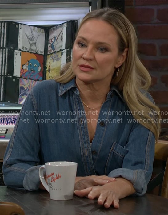 Sharon's denim shirt on The Young and the Restless