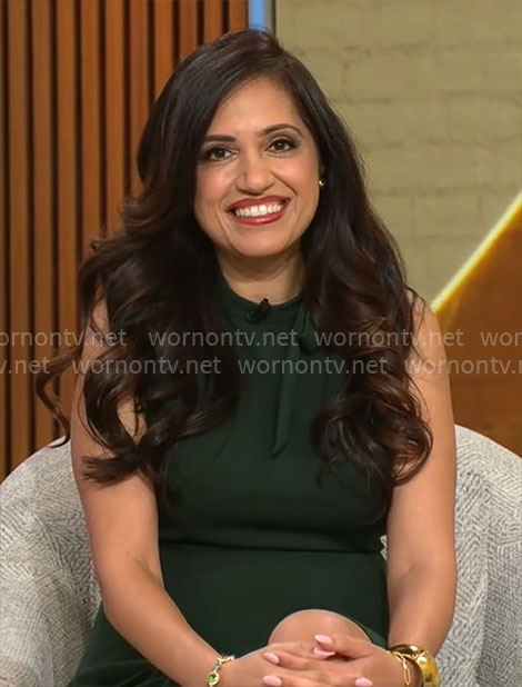 Sue Varma's green tie neck dress on CBS Mornings