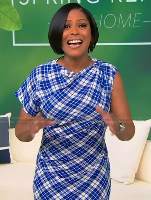 Tamron's blue plaid one shoulder dress on Tamron Hall Show