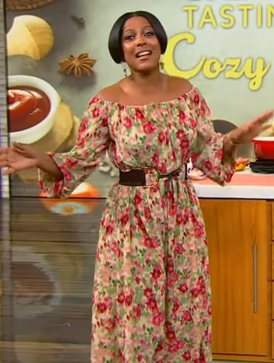 Tamron's floral print off shoulder dress on Tamron Hall Show