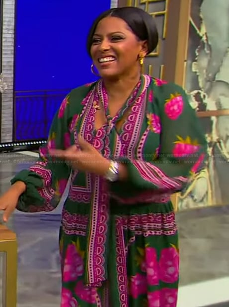 Tamron's green and pink printed dress on Tamron Hall Show