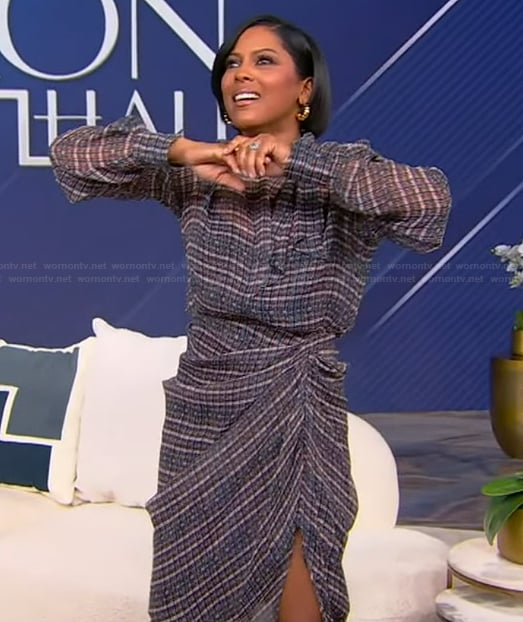 Tamron's printed tie neck dress on Tamron Hall Show