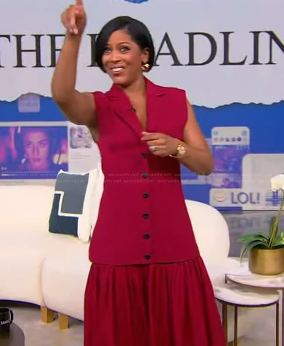 Tamron's red layered vest dress on Tamron Hall Show