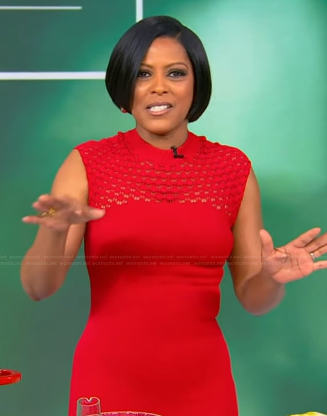 Tamron's red open knit sleeveless dress on Tamron Hall Show