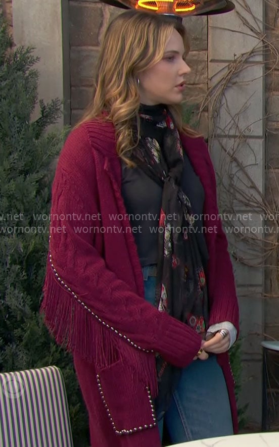 Tessa's pink studded cardigan with fringe on The Young and the Restless