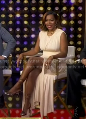 Tiffany Reid's beige gathered dress on Good Morning America