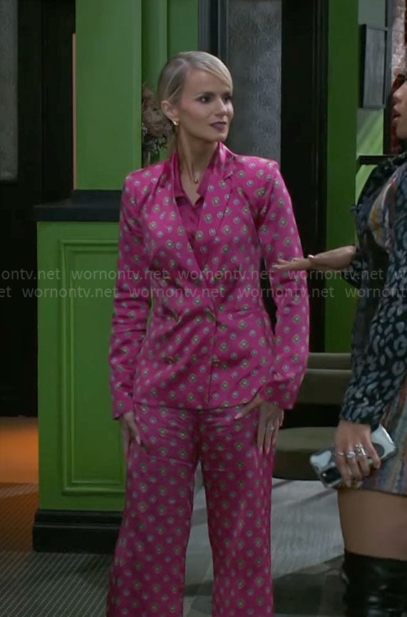 Vanessa's pink printed suit on Beyond the Gates