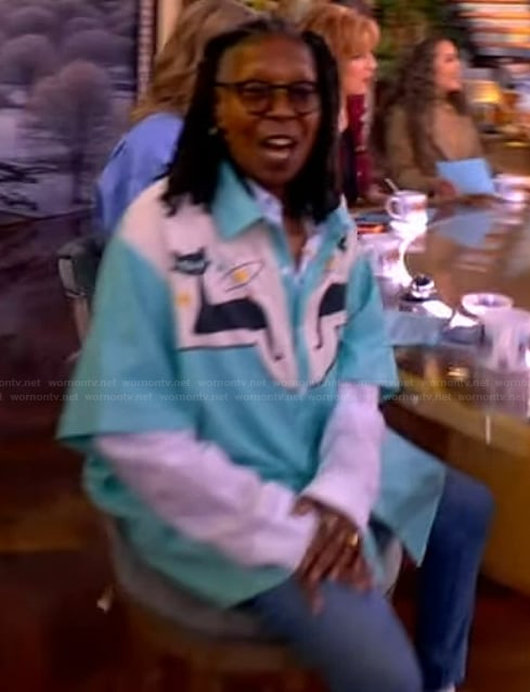 Whoopi's blue cat embroidered shirt on The View