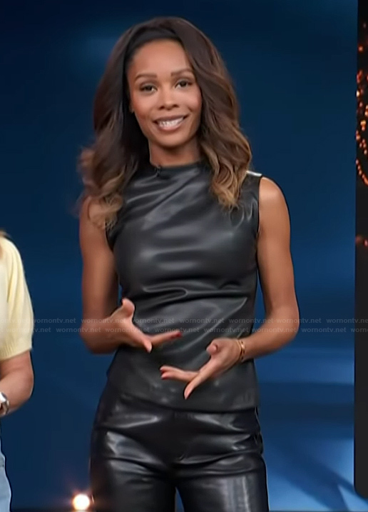 Zuri's black leather gathered top on Access Hollywood