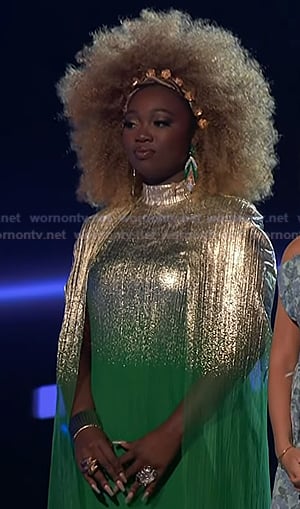Alexia Jayy's metallic green cape dress on The Voice