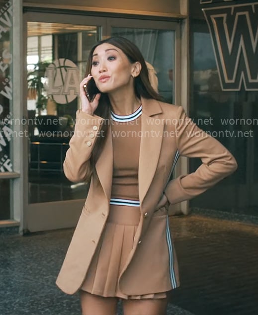 Ali's camel side-stripe blazer and skirt set on Running Point